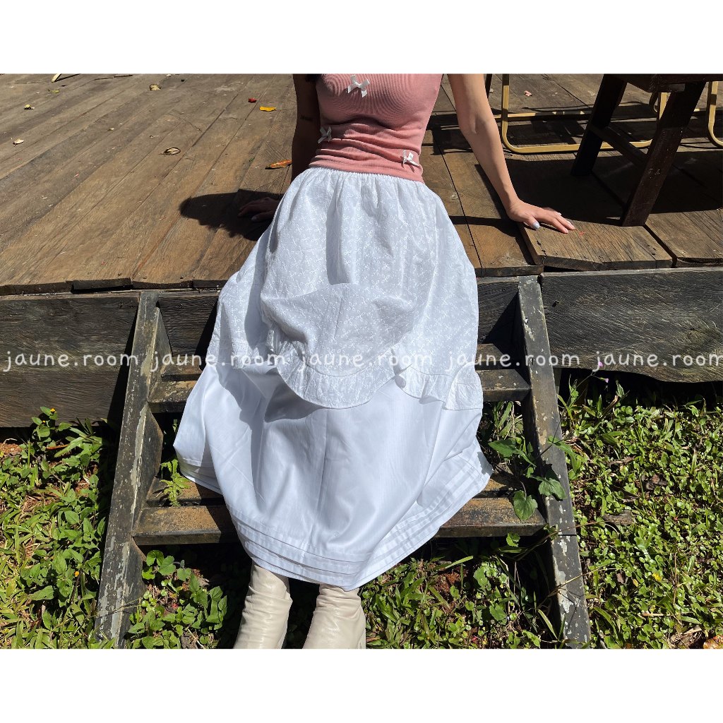 Chân váy dài tầng dáng xòe chữ A cotton JAUNE lưng thun- TYDI LONG SKIRT