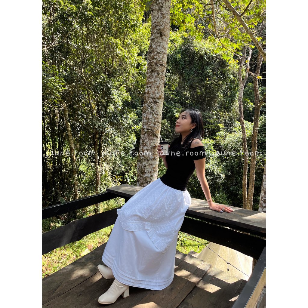 Chân váy dài tầng dáng xòe chữ A cotton JAUNE lưng thun- TYDI LONG SKIRT