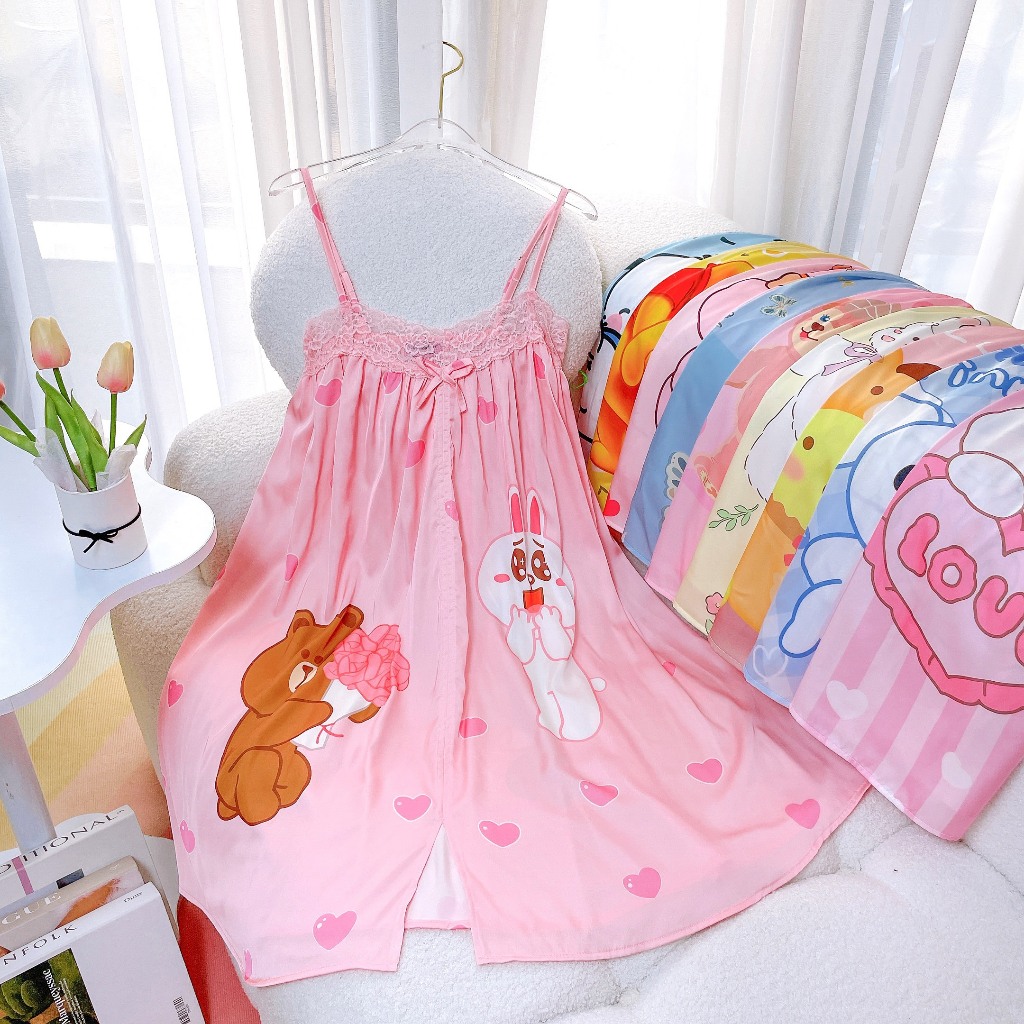 Đầm ngủ 2dây lụa Olicii váy mặc nhà in hình dễ thương phối ren cao cấp.