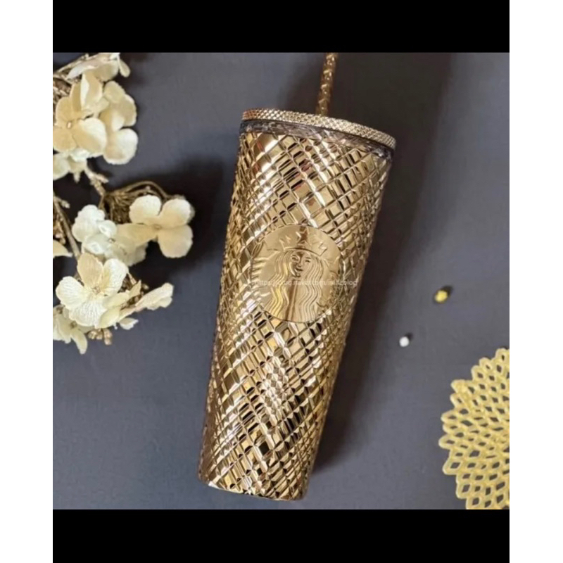 [LY VÀNG] STARBUCKS BẢN GIÁNG SINH HÀN 2023 Christmas Holiday GRID METALLIC GOLD 710ml