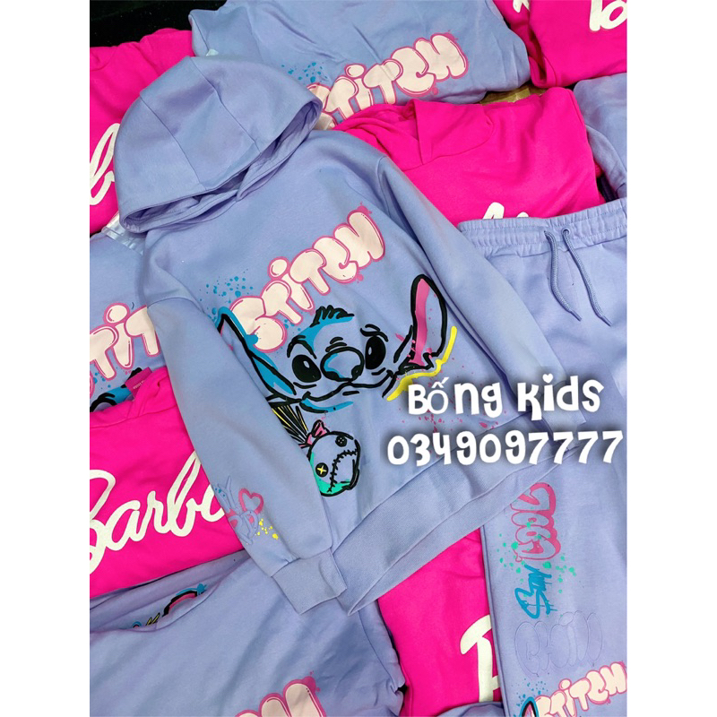 Bộ Nỉ Hoodie Bé Gái Stitch Tím PR