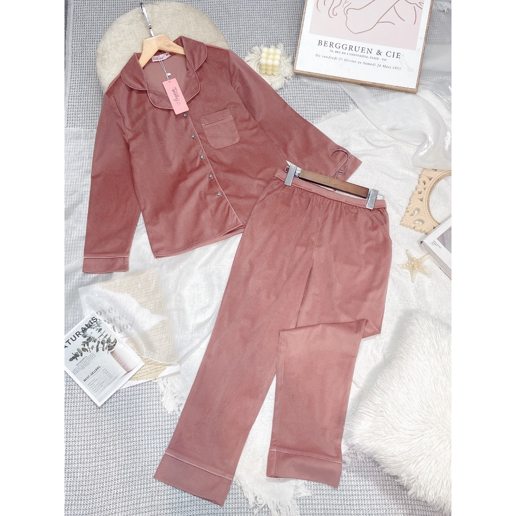 Set bộ mặc nhà pijama nhà ANNA nhung tăm cao cấp, họa tiết trơn đơn giản phối viền trẻ trung tinh tế, kiểu áo quần dài