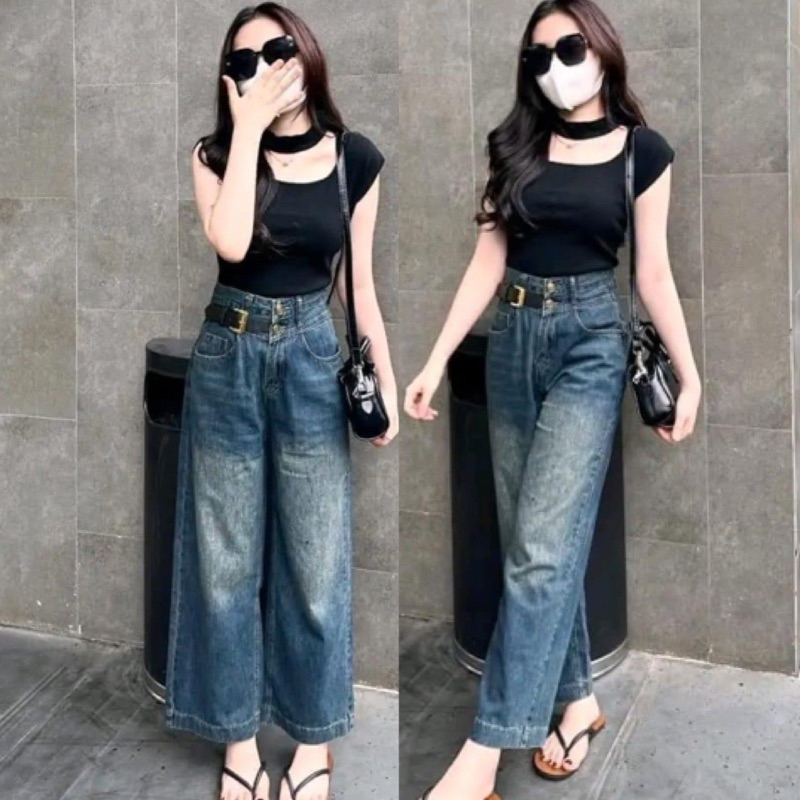 Quần jeans suông 2 khuy kèm đai da cạp cao chất bò đẹp phom chuẩn
