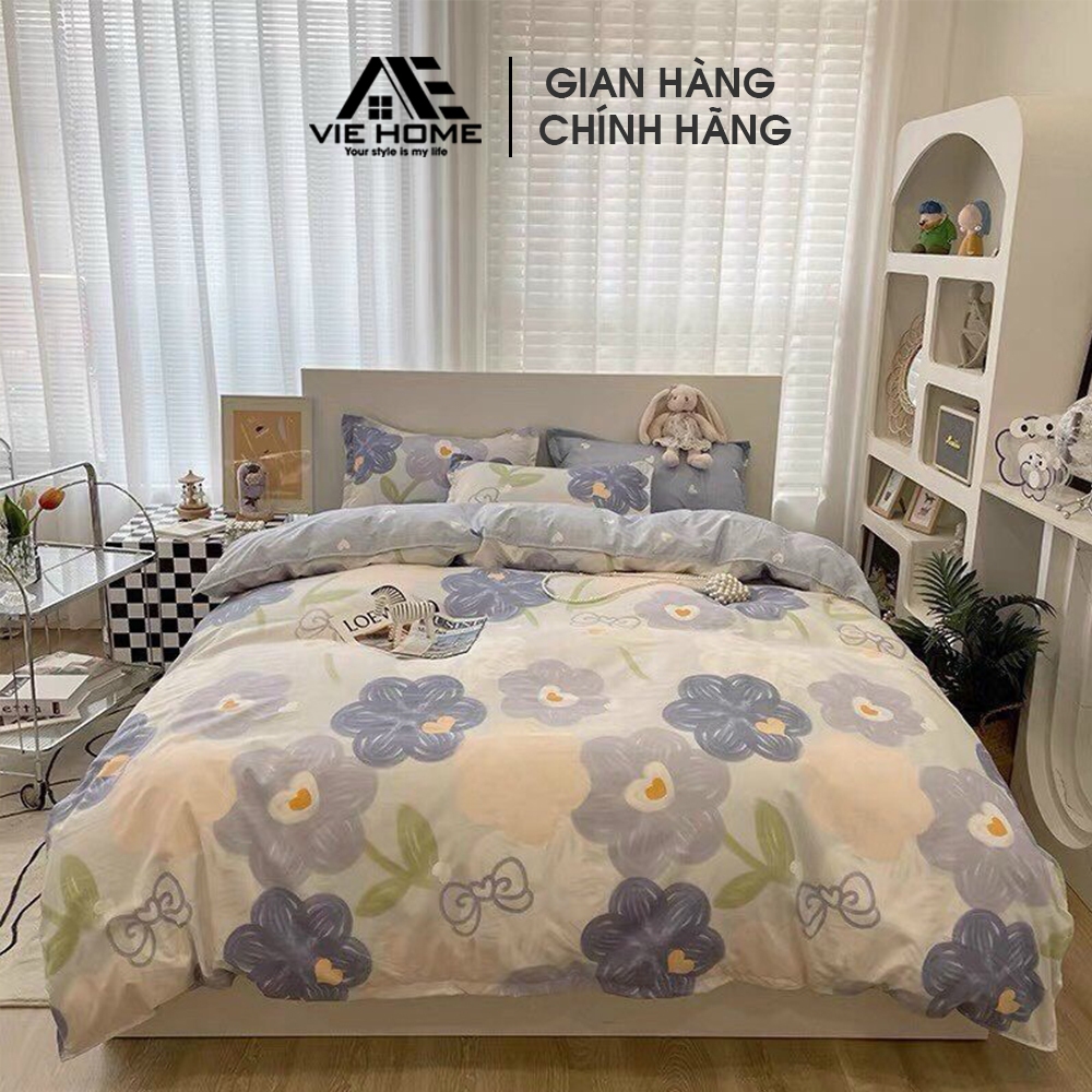 Bộ chăn ga gối Cotton Poly Vie Home - Bedding họa tiết hoa lá, hình thú 3D dễ thương nhiều size ra trải giường M4 M6 M8