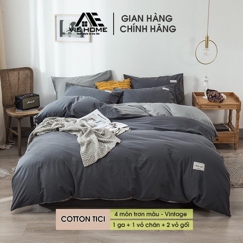 Bộ chăn ga gối cotton tici VIE HOME cotton đũi phong cách hàn quốc trơn màu đẹp