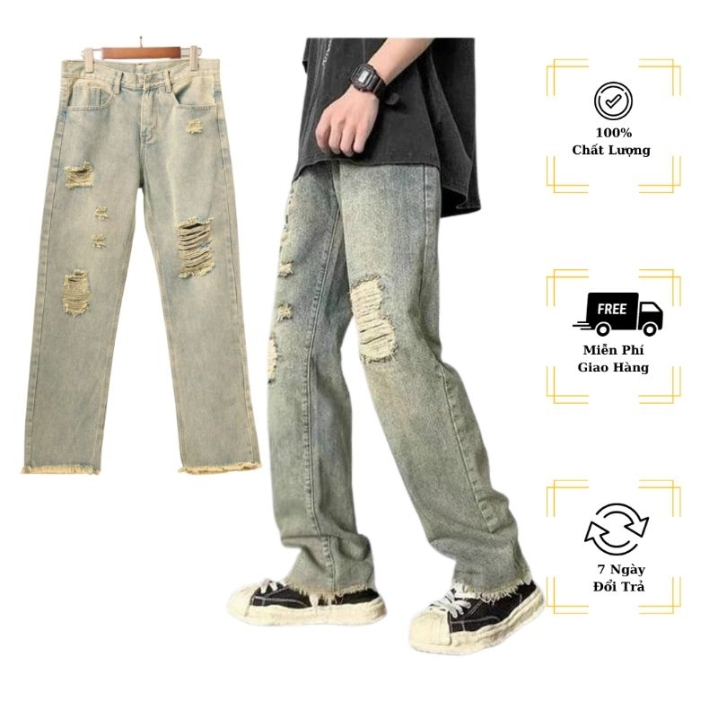 Quần Jean Nam Retro Form unisex Suông Ống Đứng- LAI TUA -Màu Rêu Bạc Cá tinh-Giá Sinh Viên - ĐƯỢC KIỂM TRA HÀNG ( M17))