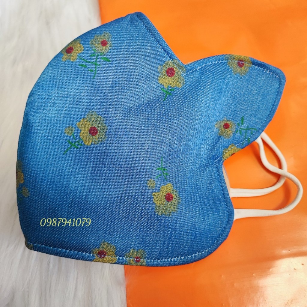 Khẩu trang vải có tai thỏ che nắng thái dương, Khẩu trang chống nắng vải jean 3 lớp cao cấp