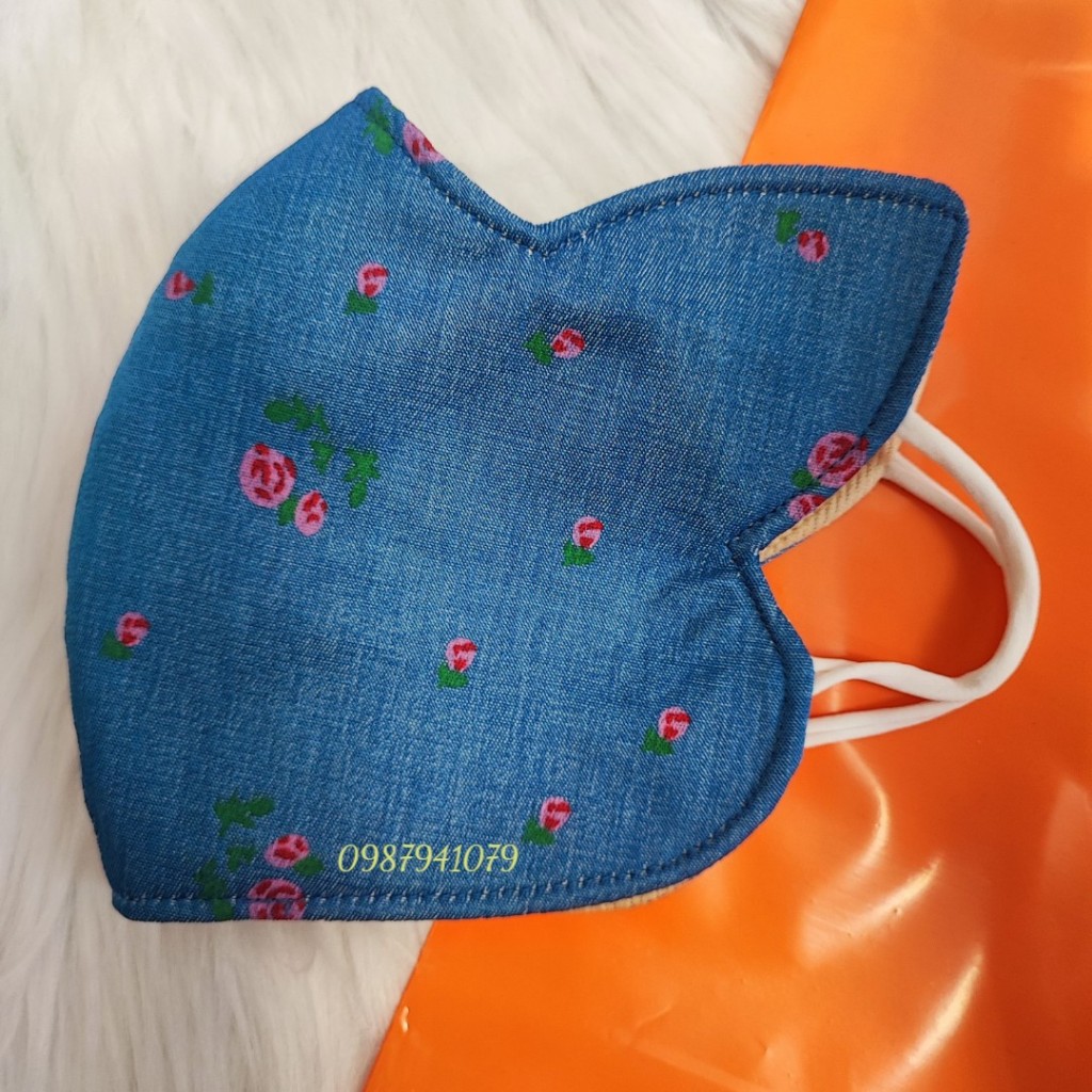 Khẩu trang vải có tai thỏ che nắng thái dương, Khẩu trang chống nắng vải jean 3 lớp cao cấp