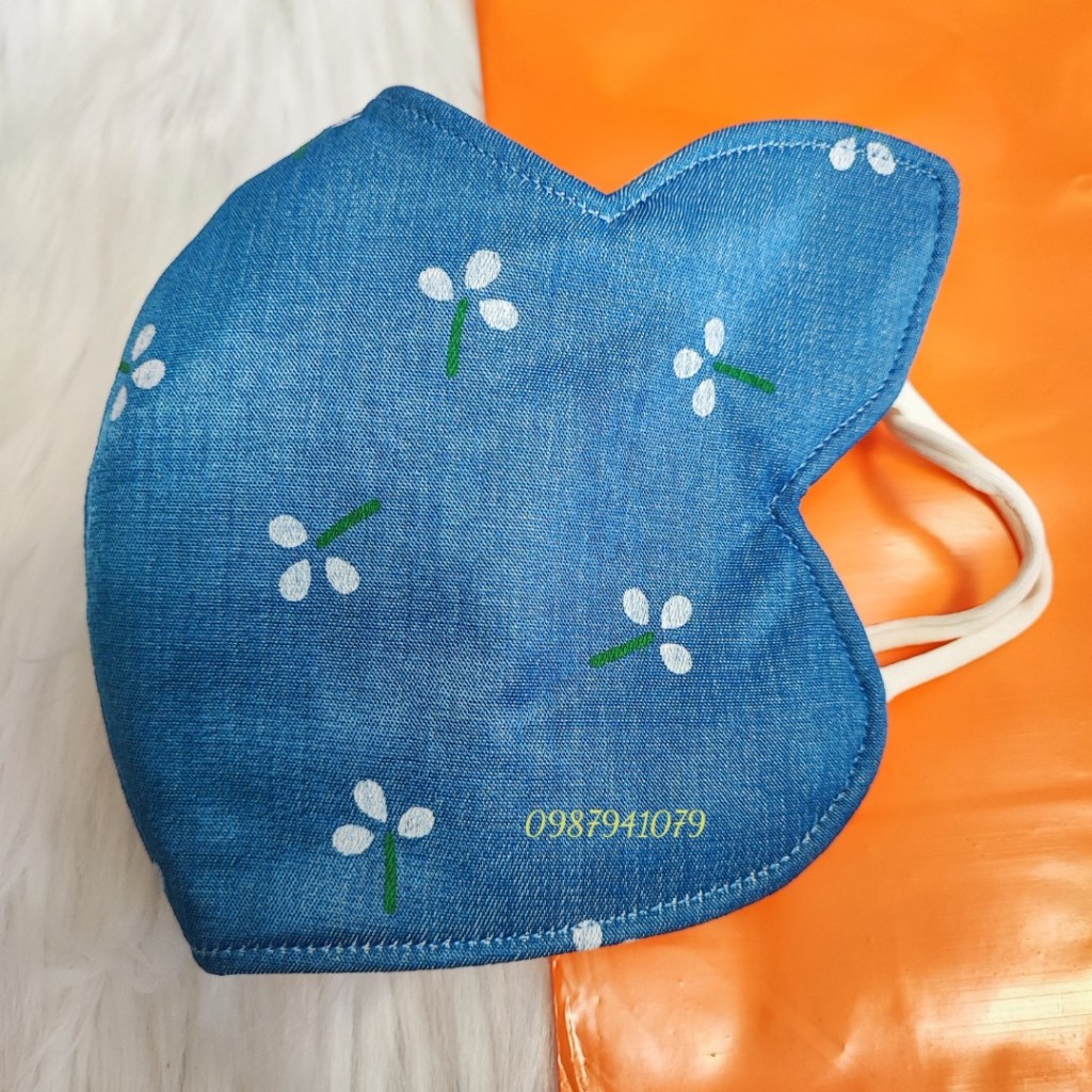 Khẩu trang vải có tai thỏ che nắng thái dương, Khẩu trang chống nắng vải jean 3 lớp cao cấp