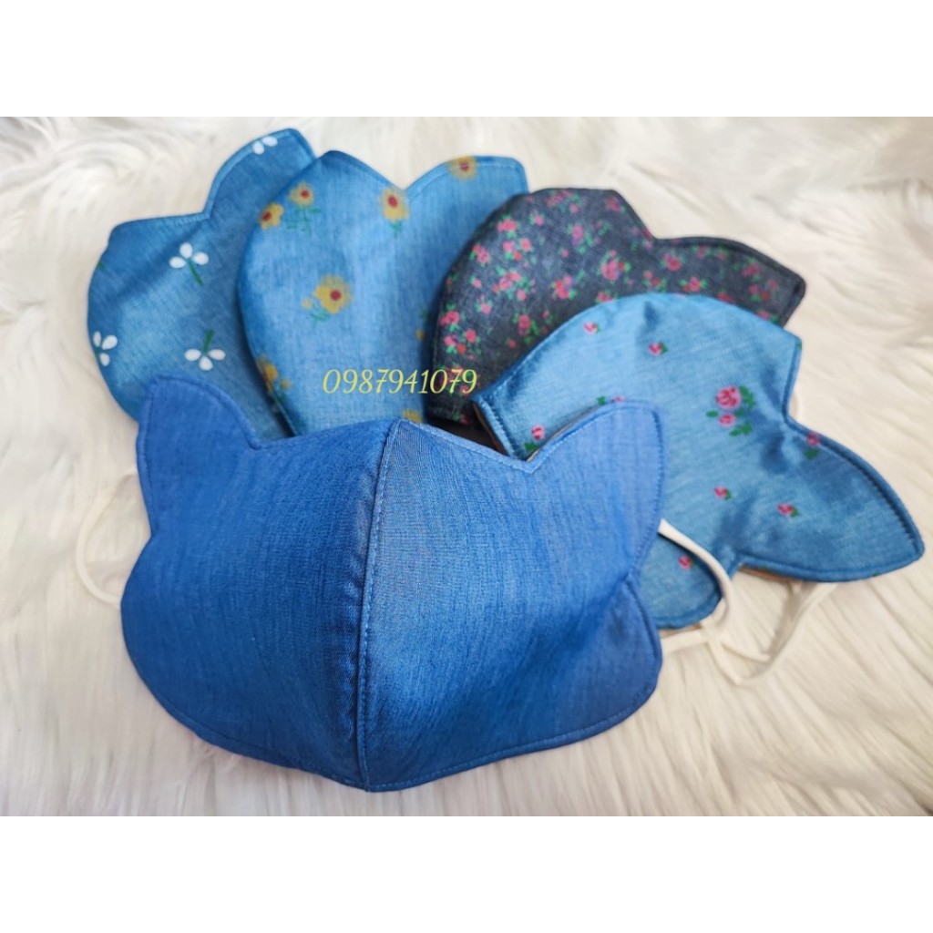Khẩu trang vải có tai thỏ che nắng thái dương, Khẩu trang chống nắng vải jean 3 lớp cao cấp