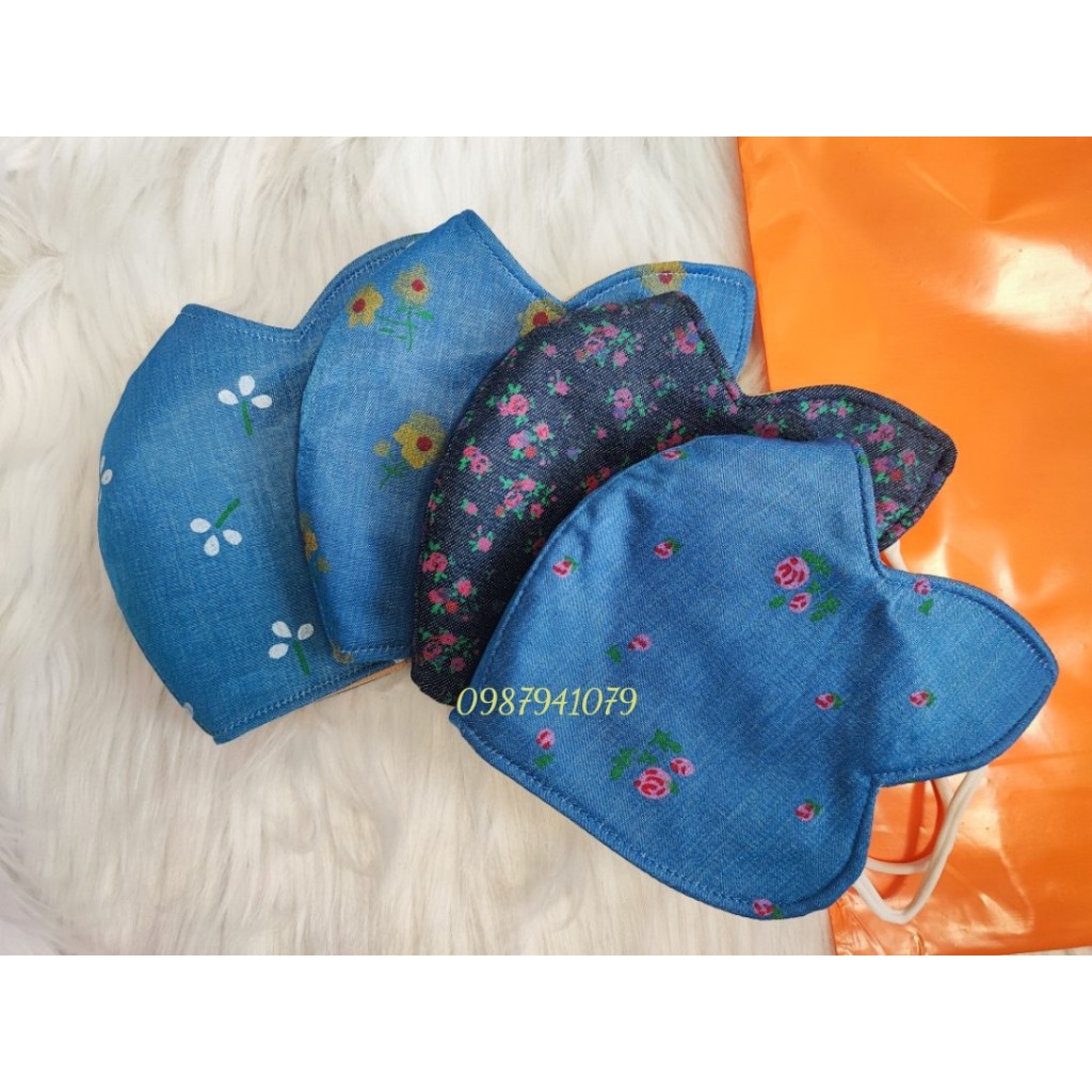 Khẩu trang vải có tai thỏ che nắng thái dương, Khẩu trang chống nắng vải jean 3 lớp cao cấp