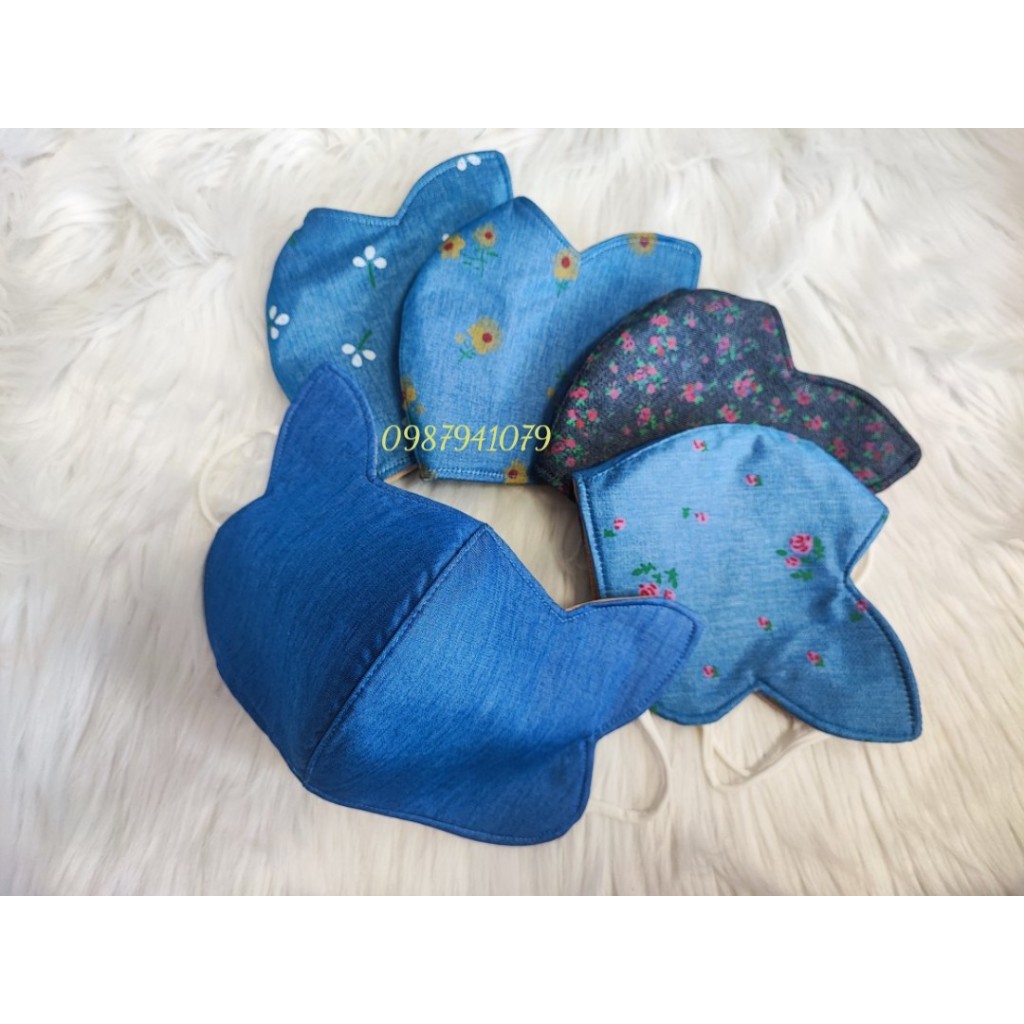 Khẩu trang vải có tai thỏ che nắng thái dương, Khẩu trang chống nắng vải jean 3 lớp cao cấp