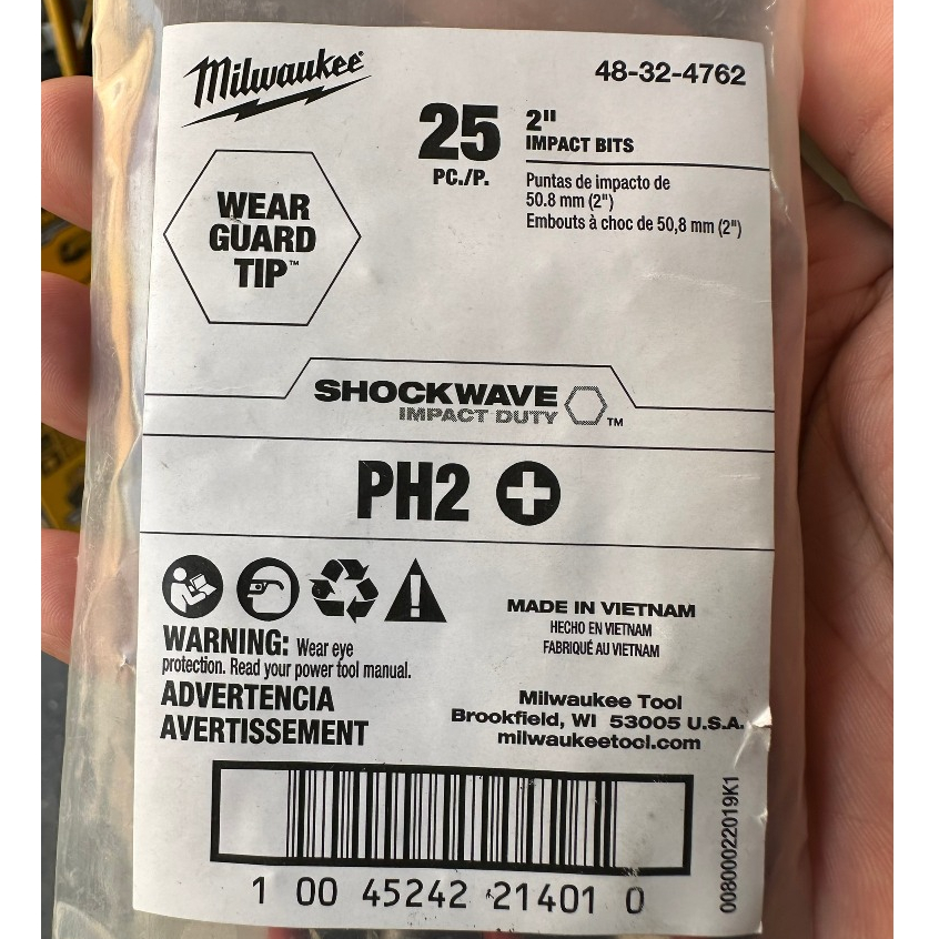 Mũi vít PH2 Milwaukee SHOCKWAVE 2 in. Impact Phillips #2 Power Bits 48-32-4762  - Chính hãng