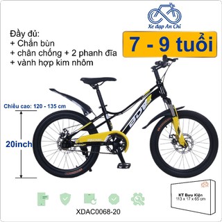Xe đạp thể thao bé trai 2 phanh đĩa bdf khung cong từ 7 tuổi đến 9 tuổi màu vàng