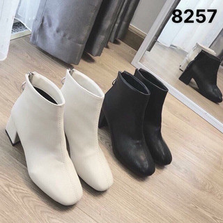 Bốt nữ thời trang cổ ngắn da lì khóa sau, bốt nữ cao gót mũi vuông lót lông nơ sau sành điệu phong cách mùa đông