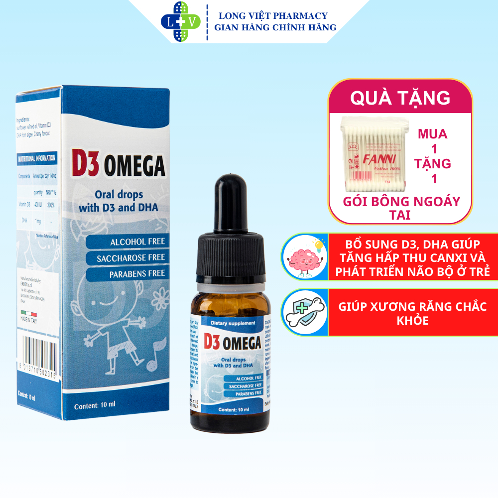 Siro D3 Omega, Bổ Sung Vitamin D3, DHA Giúp Phát Triển Chiều Cao Và Trí Não Ở Trẻ, Lọ 10ml