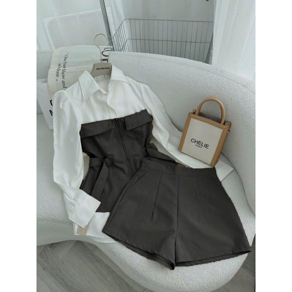 Sét bộ nữ thời trang mặc đi chơi chất kaki phối lụa áo cổ sơmi tay dài thắt dây eo khoá kéo mix quần đùi ống rộng