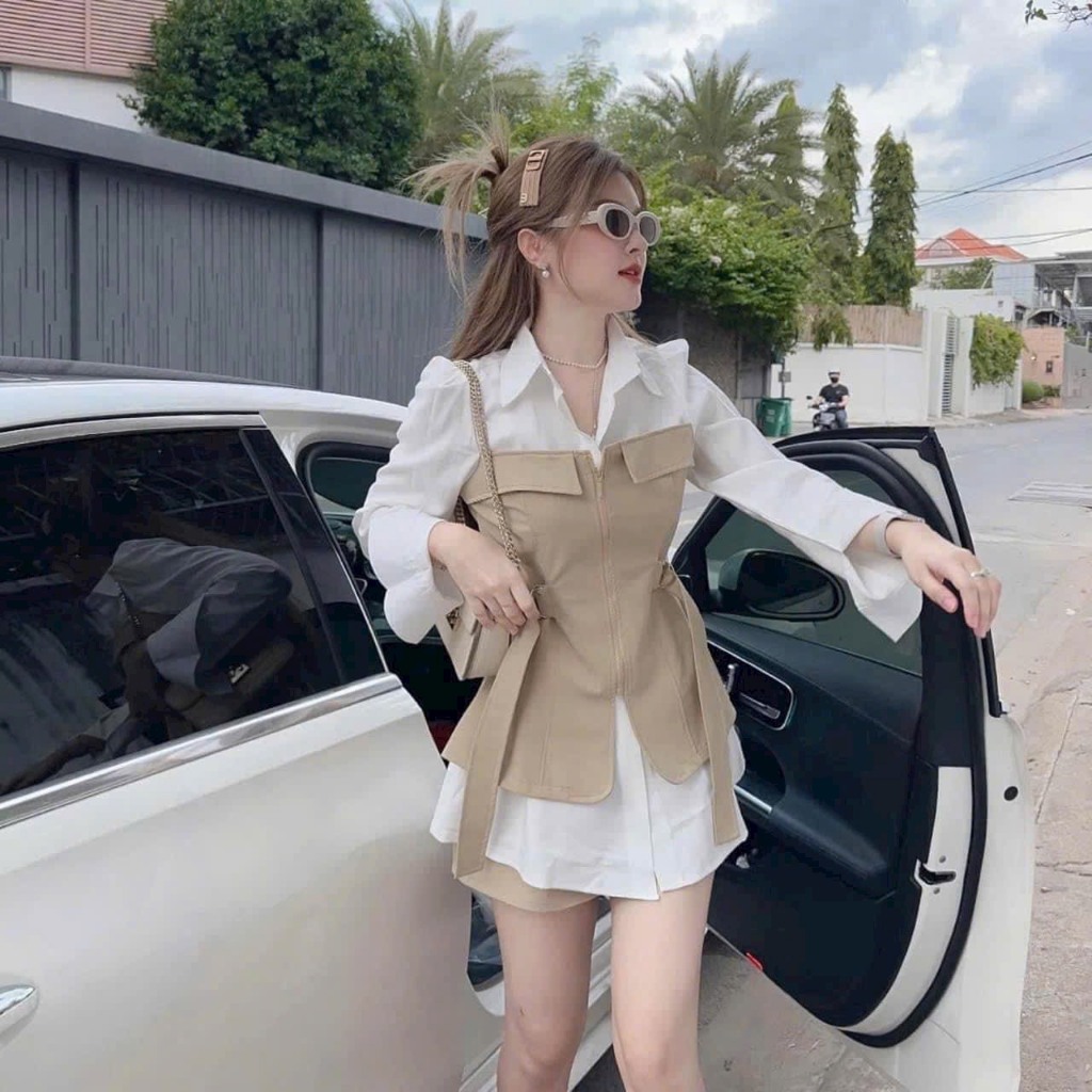 Sét bộ nữ thời trang mặc đi chơi chất kaki phối lụa áo cổ sơmi tay dài thắt dây eo khoá kéo mix quần đùi ống rộng