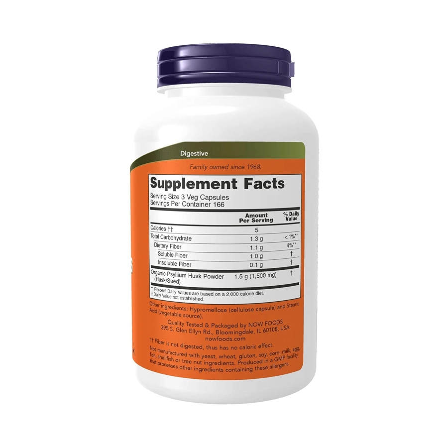 Viên chất xơ Now Psyllium Husk Caps, 500mg hỗ trợ tiêu hóa, nâng cao đề kháng - Shop Gym