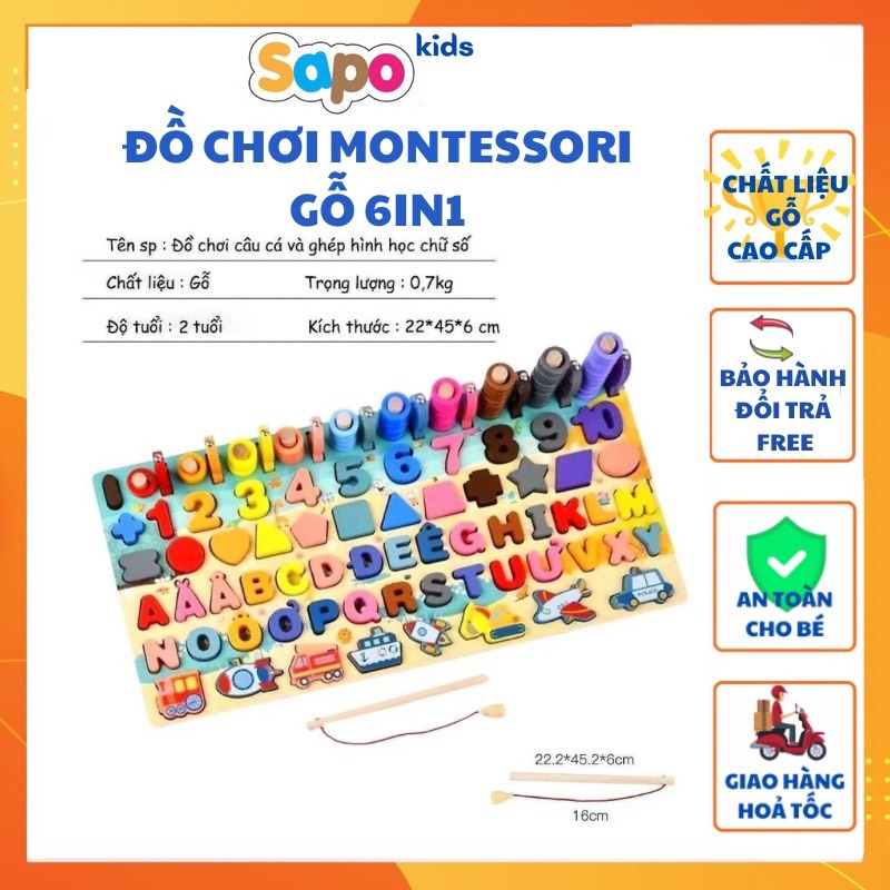 Đồ Chơi Gỗ Montessori,Bộ Bảng Gỗ Câu Cá,Ghép Hình Học,Chữ Số,Chữ Cái Phát Triển Trí Tuệ Cho Bé SAPO KIDS