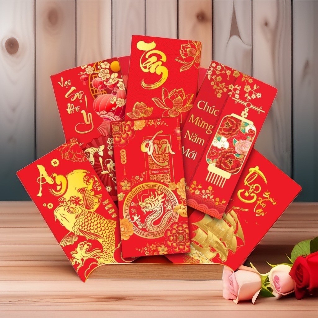 Combo 100 cái bao lì xì tết đỏ như ý lì xì truyền thống giấy C150 dày sáng nét mẫu ngẫu nhiên