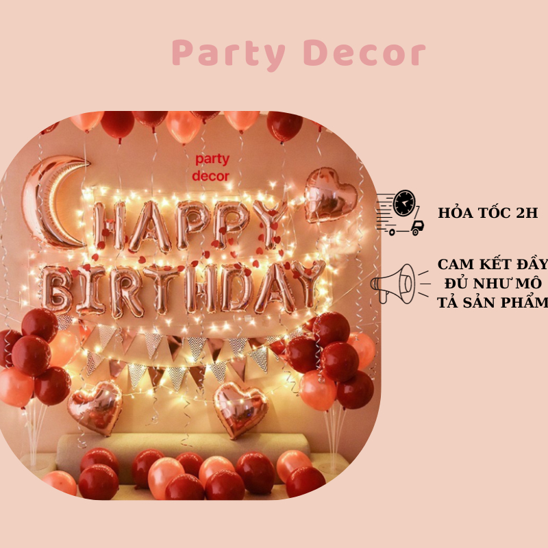 Set trang trí sinh nhật tone màu đỏ hồng Gold kèm đèn led, bơm tay và băng dính dán bóng
