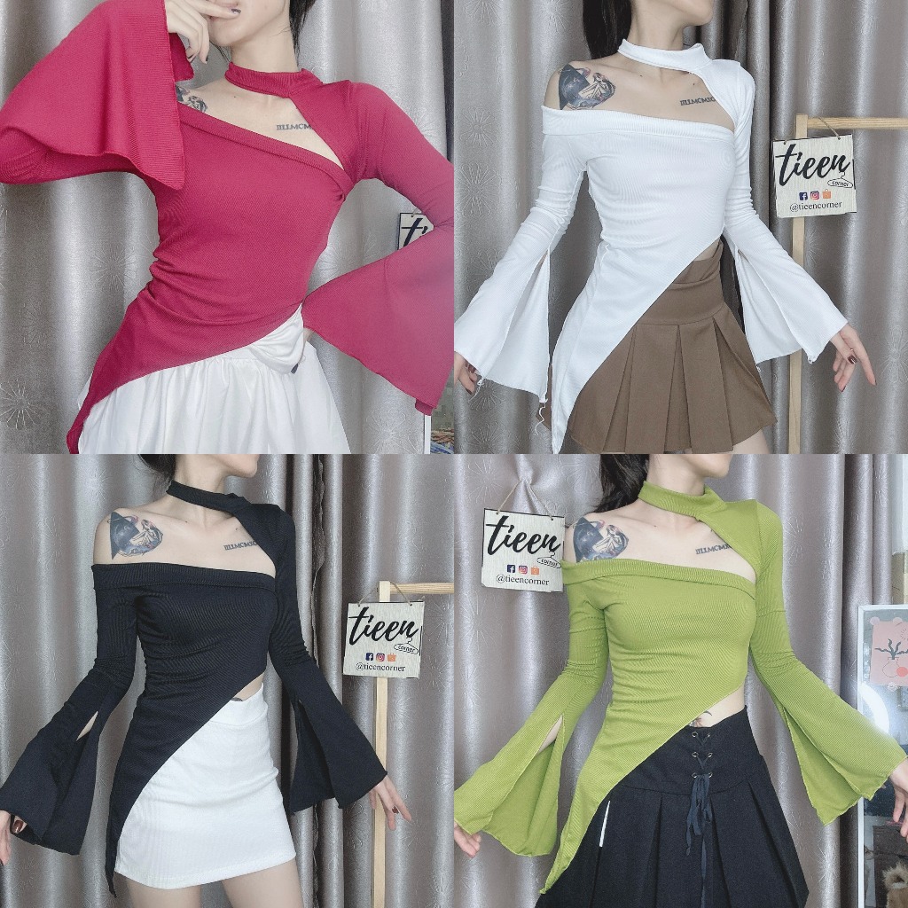 (7 Màu) Áo Tay Dài Xẻ Vạt Nhọn Dài Xéo Lệch Hở Vai Chồng Cổ Tieencorner 347