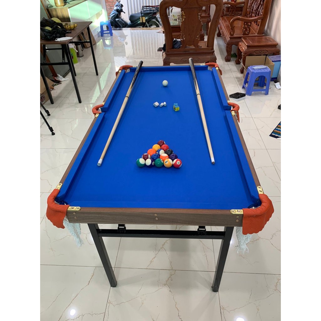 Bàn Bida mini kích thước D144 x R74 x C75cm chân gấp gọn, bóng sứ 38mm, 2 gậy dài 1m2