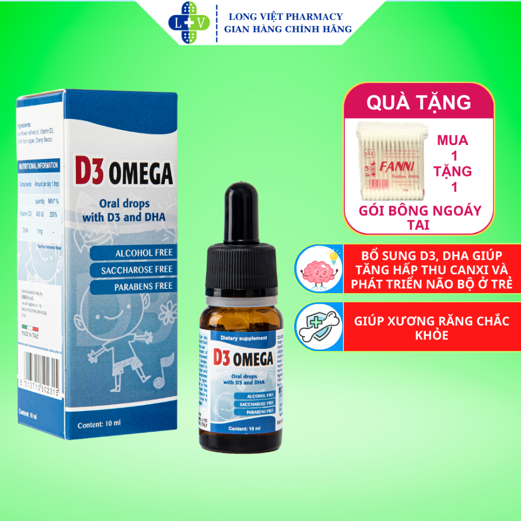 Siro D3 Omega, giúp tăng cường hấp thu Canxi và phát triển trí não trẻ, bổ sung Vitamin D3 và DHA, lọ 10ml