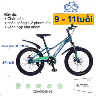  XE ĐẠP THỂ THAO BÉ TRAI TỪ 9 ĐẾN 11 TUỔI SIZE 24INCH BDF KHUNG CONG TEM XANH SƠN XANH 