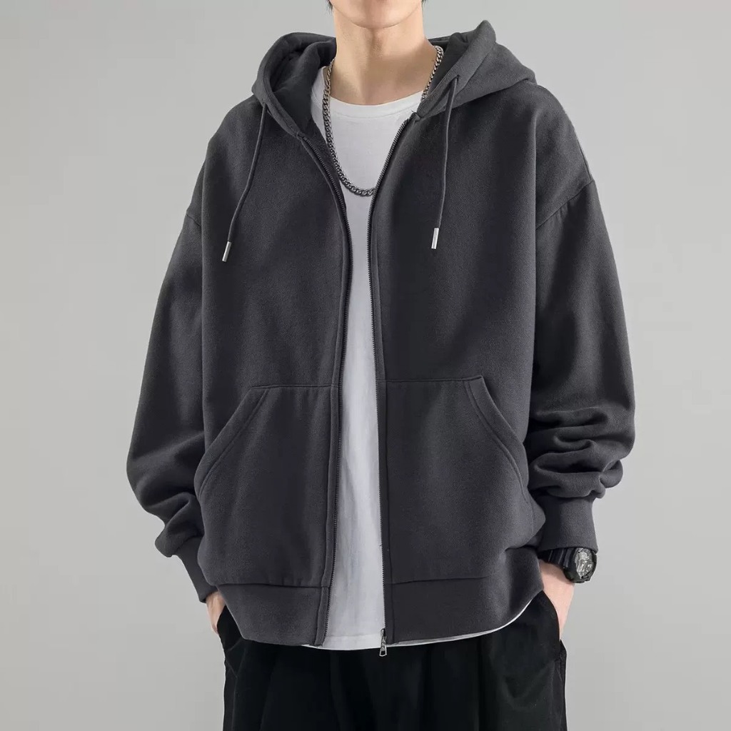 Áo khoác hoodie nam trơn khoá zip basic nỉ bông form rộng cao cấp ROMAN AN03