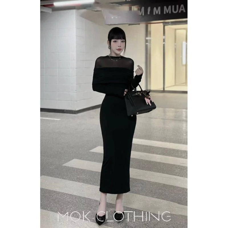 Váy Body đen dáng dài Phối Lưới Mỏng Thuỳ Ngô Thanh Store