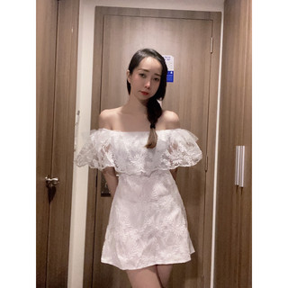 [Sẵn] Đầm Váy trắng trễ vai phối ren bánh bèo dáng ngắn. Đầm công chúa tiểu thư tiệc cưới