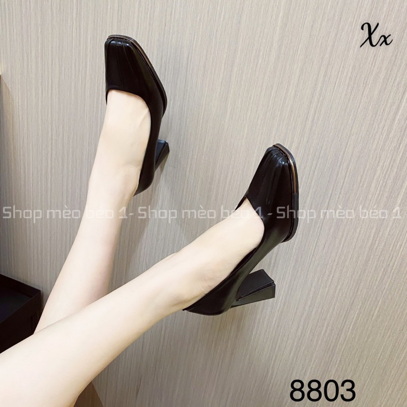 Giày cao gót mũi vuông da lì da kẻ dọc gót trụ fullbox hàng quảng châu cao cấp