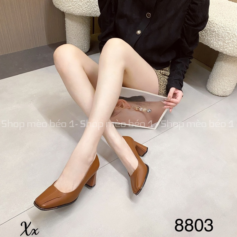 Giày cao gót mũi vuông da lì da kẻ dọc gót trụ fullbox hàng quảng châu cao cấp