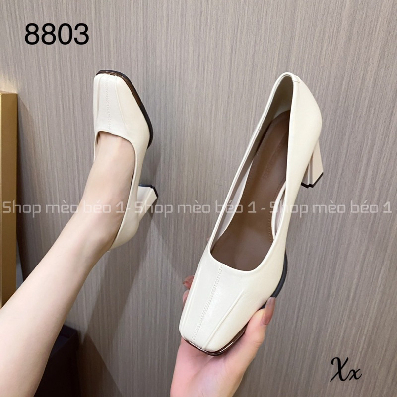 Giày cao gót mũi vuông da lì da kẻ dọc gót trụ fullbox hàng quảng châu cao cấp