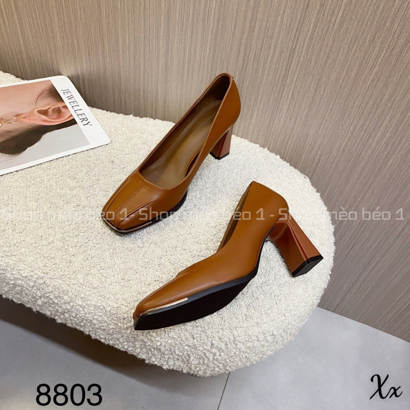 Giày cao gót mũi vuông da lì da kẻ dọc gót trụ fullbox hàng quảng châu cao cấp