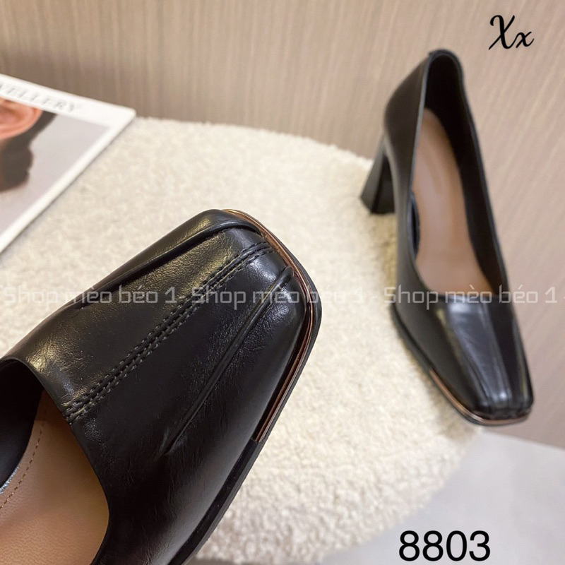 Giày cao gót mũi vuông da lì da kẻ dọc gót trụ fullbox hàng quảng châu cao cấp