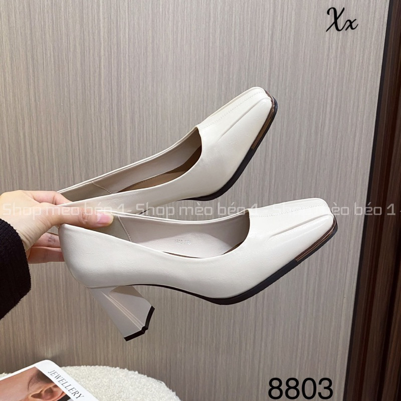 Giày cao gót mũi vuông da lì da kẻ dọc gót trụ fullbox hàng quảng châu cao cấp