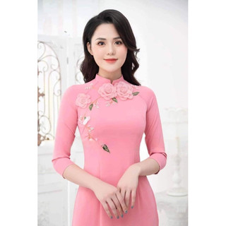 Áo dài đính hoa vải lụa mỹ loại 1 kèm quần - Áo Dài Mẹ Gạo