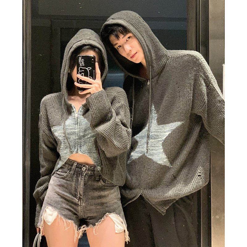 Áo len hoodie nam nữ đồ đôi dáng croptop form rộng có mũ hình ngôi sao màu rêu thời trang cặp đôi D244