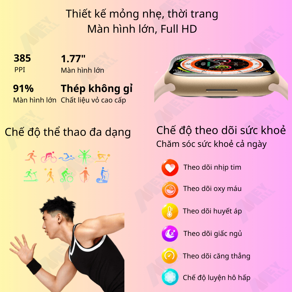 Đồng hồ thông minh GS8 Mini 38mm,1.77inch viền thép, nhận full thông báo, nghe gọi, thể thao sức khoẻ - Tặng dây titan