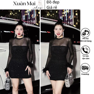 Đầm body ôm nữ tay dài chất lưới đính đá lấp lánh bling bling tay dài phối lông cực slay