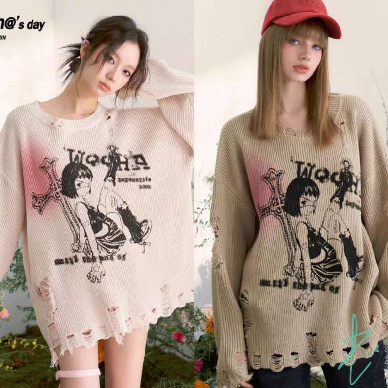 Áo len sweater cổ tròn thiết kế rách hoạ tiết gái cá tính hothit ulzzang oversize dài tay dáng dấu quần