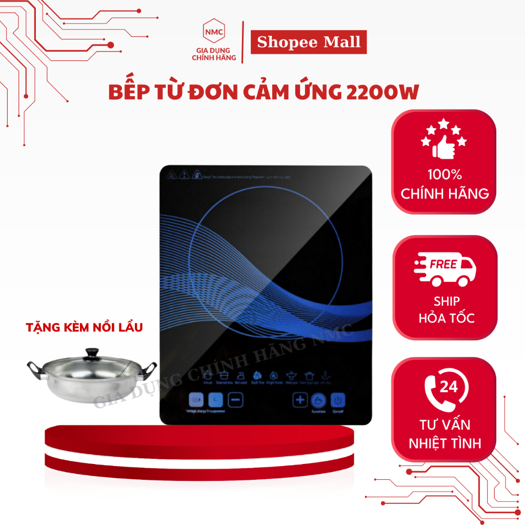Bếp Từ Đơn 2200W Tặng Kèm Nồi Inox Bếp Từ PL Mặt Kính Cảm Ứng Chịu Lực Có Chức Năng Hẹn Giờ Bảo Hành 24 Tháng