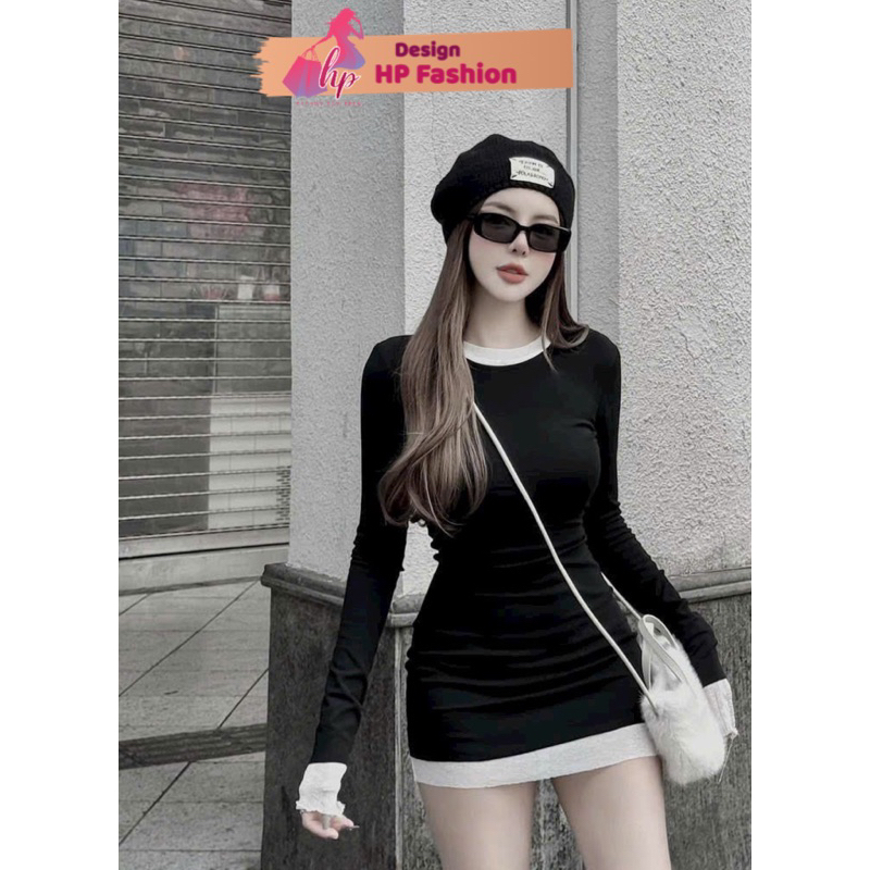 Đầm mùa đông body dáng ngắn dài tay HP FASHIONTREND váy nữ cổ tròn thun giãn đen tôn dáng sang chảnh G595