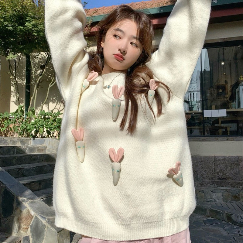 Áo len sweater màu trơn phối củ cà rốt dáng rộng oversize hồng pastel dài tay oversize cổ tròn tay bo gấu