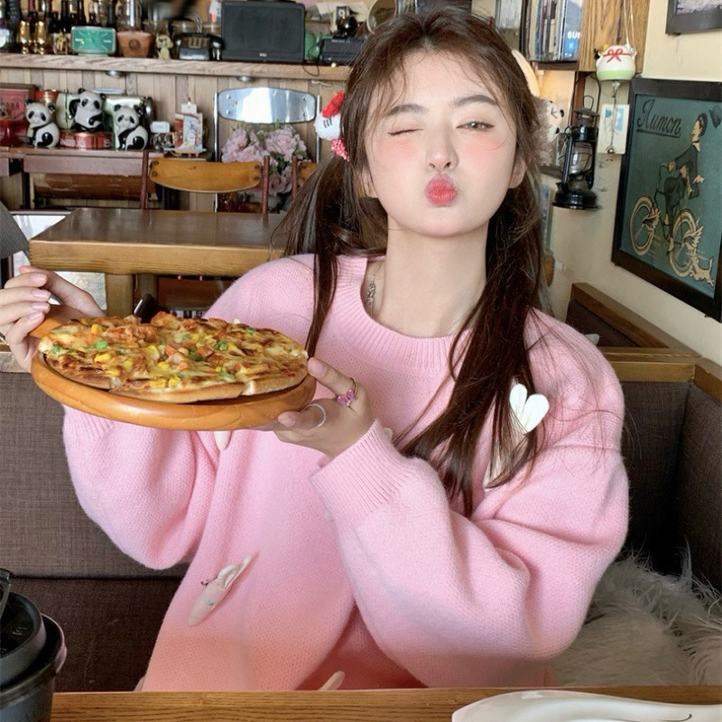 Áo len sweater màu trơn phối củ cà rốt dáng rộng oversize hồng pastel dài tay oversize cổ tròn tay bo gấu