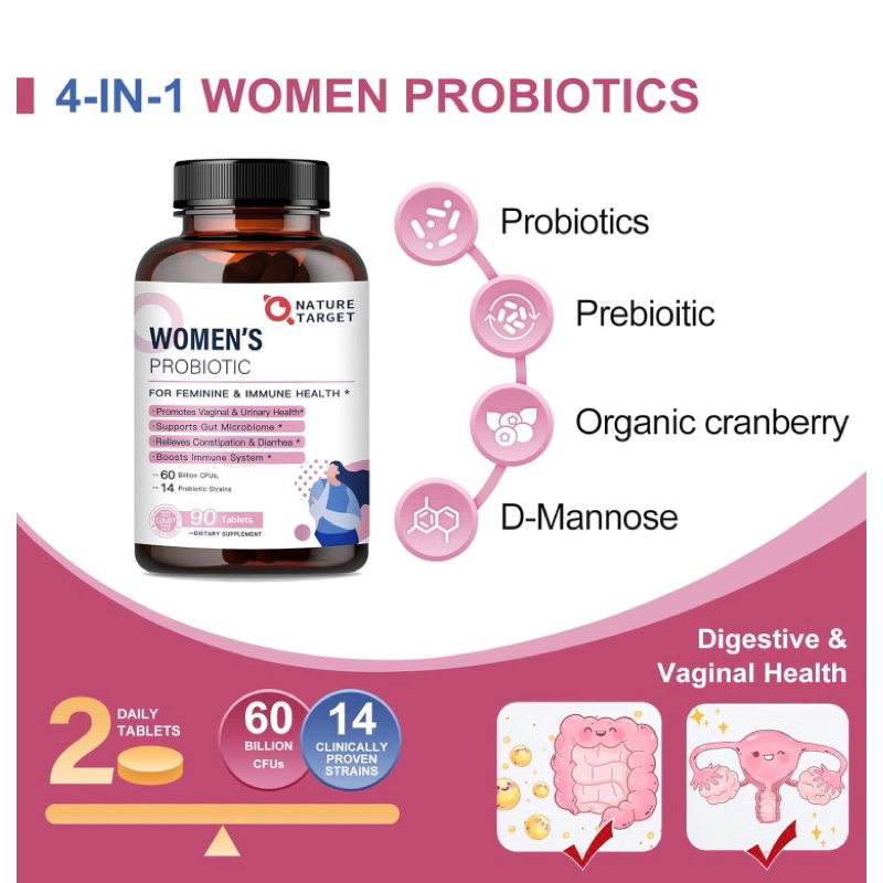 Viên siêu lợi khuẩn Probiotic 60 tỷ CFU 14 chủng lợi khuẩn, chống oxy hoá Nature Target 90v USA