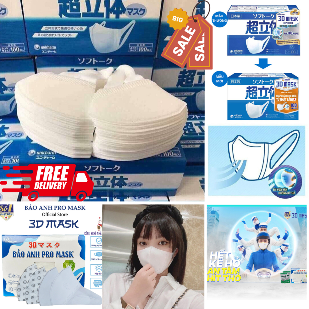 Khẩu Trang Y Tế 3D Mask Nhật Bản 3 Lớp Kháng Khuẩn , Khẩu Trang Dây Đeo Mềm Mại